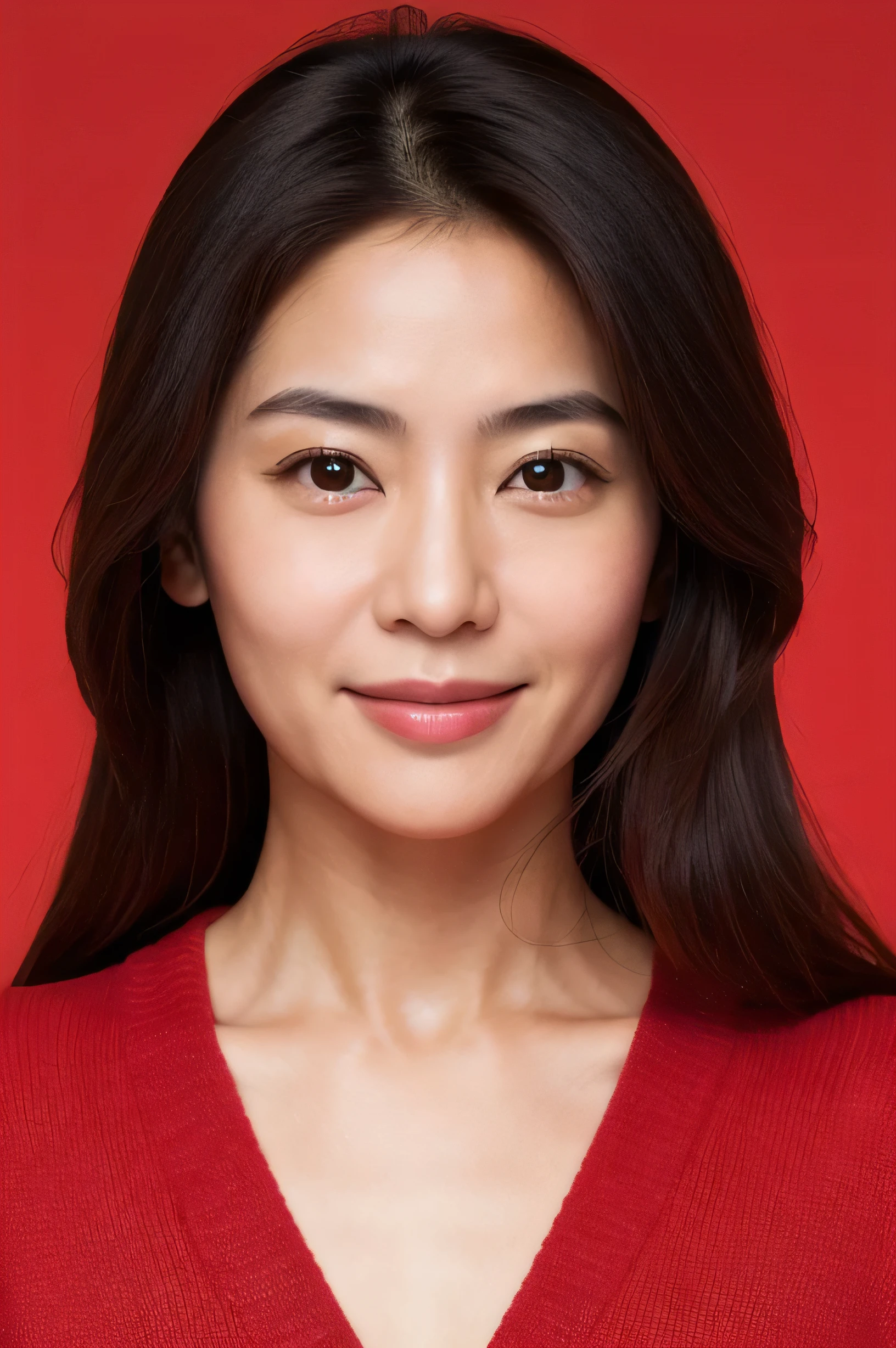 beautiful smile, face perfect, beautiful face of a 45 year old Japanese woman, with red background 