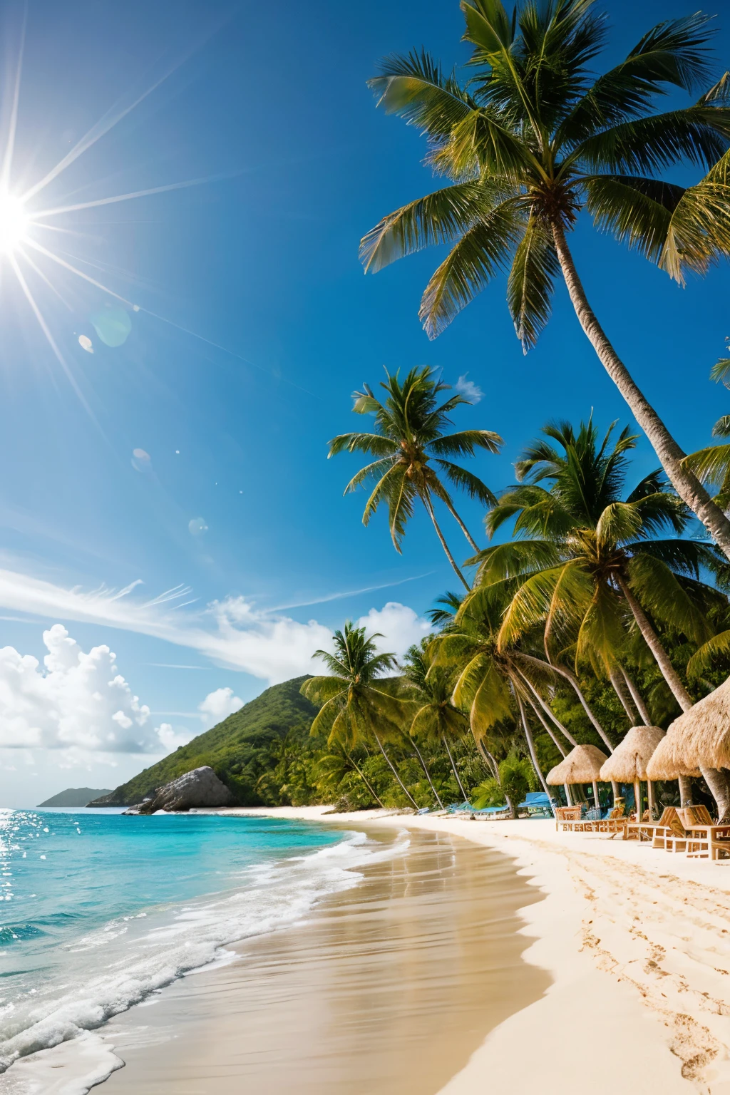 ((best quality)), ((masterpiece)), (detailed), A realistic scene of the Caribbean Sea. Crystal-clear turquoise water stretches out under a bright blue sky. Gentle waves lap against a pristine sandy beach. A few palm trees sway lightly in the breeze, casting soft shadows on the sand. The sun is shining brightly, creating sparkling reflections on the water's surface. The atmosphere is calm and inviting