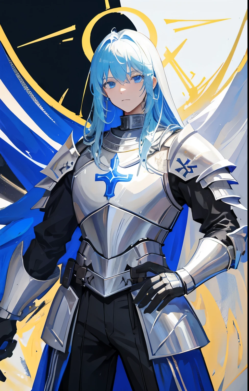 Knight, Christian, Christianity, Knight with Christian designs, male, white blue and gold heavy armor, wearing knight helmet, cross symbol on chest