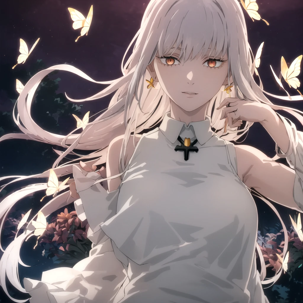 1girl, makima, (makima from Chainsaw man anime)solo, jewelry, earrings, bug, white long_hair, butterfly, hair_ornament, looking_at_viewer, parted_lips, white_hair, upper_body, butterfly_hair_ornament, bangs, bare_shoulders, red_eyes, (red dress), eyelashes, sleeveless, side view, standing, (white hair)) (ringes eyes) forest background ((night)) ((cross arms) ((detailed eyes)) ((solo))