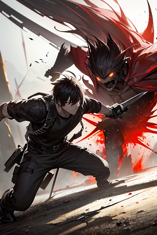 Create an illustration of Denji, protagonist of Chainsaw Man, in a detailed and dynamic art style. Denji is transformed, with head and arms shaped like sharp, shiny chainsaws. He is in an intense combat pose, with tense muscles and fierce expression, surrounded by debris from a recent battle. Use dramatic shadows and lighting to accentuate the dark and chaotic atmosphere around you, highlighting the details of the chainsaws and the bloodstains that add realism and intensity to the scene.