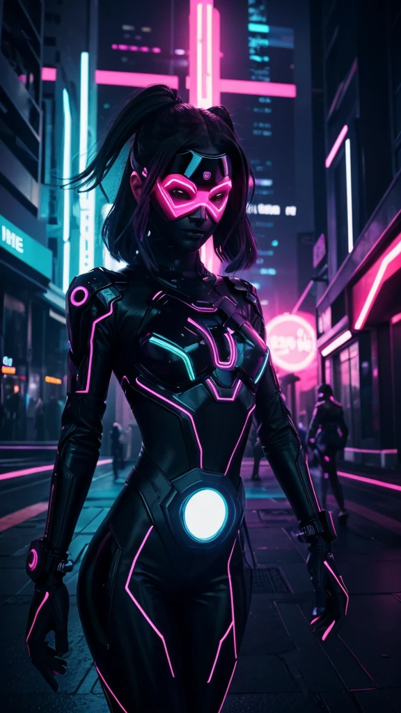 Create a futuristic, electro-pop themed image that captures the emotional depth and contrasting themes of the song. The scene should feature a dark, neon-lit urban environment with holographic elements and digital glitches. In the foreground, a figure with visible red scars on their wrists stands in a contemplative pose, half-hidden in the shadows. Their face is partially obscured by a glowing mask or visor, symbolizing the duality of their public facade and private pain. Surrounding them, incorporate vibrant, pulsating lights and abstract shapes to evoke a sense of inner turmoil and silent screams. The overall aesthetic should blend cyberpunk influences with a melancholic, yet visually striking atmosphere