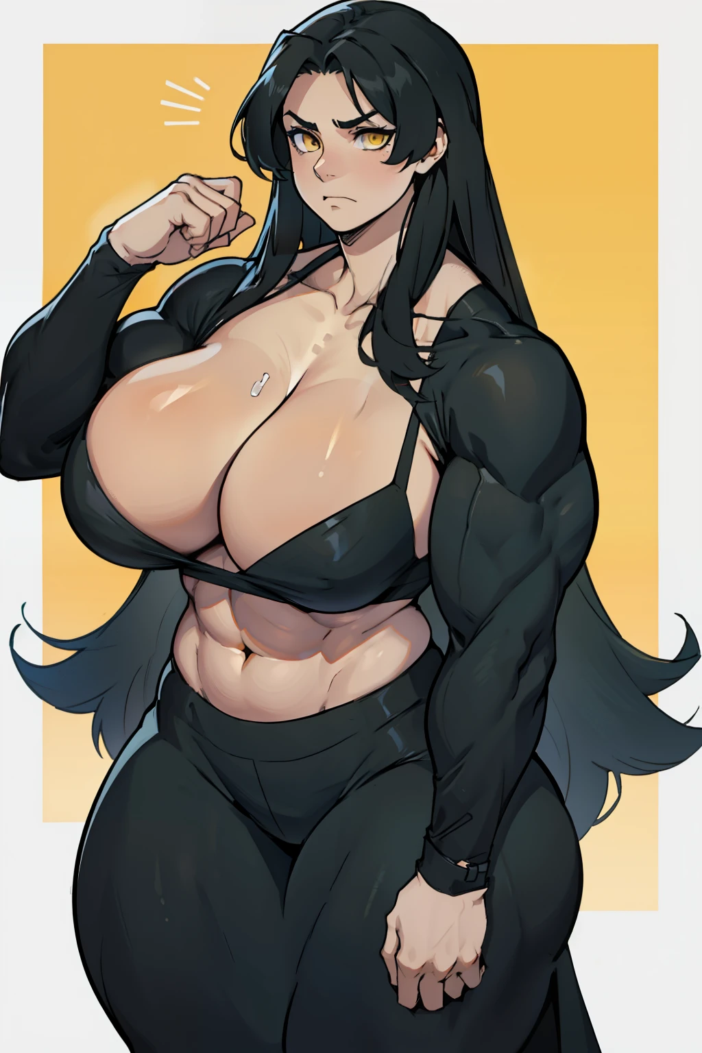huge breasts huge breasts huge breasts muscular muscular muscular thick thick thick black hair yellow eyes pale skin female sad frown cleavage long straight hair long straight hair long straight hair long straight hair 