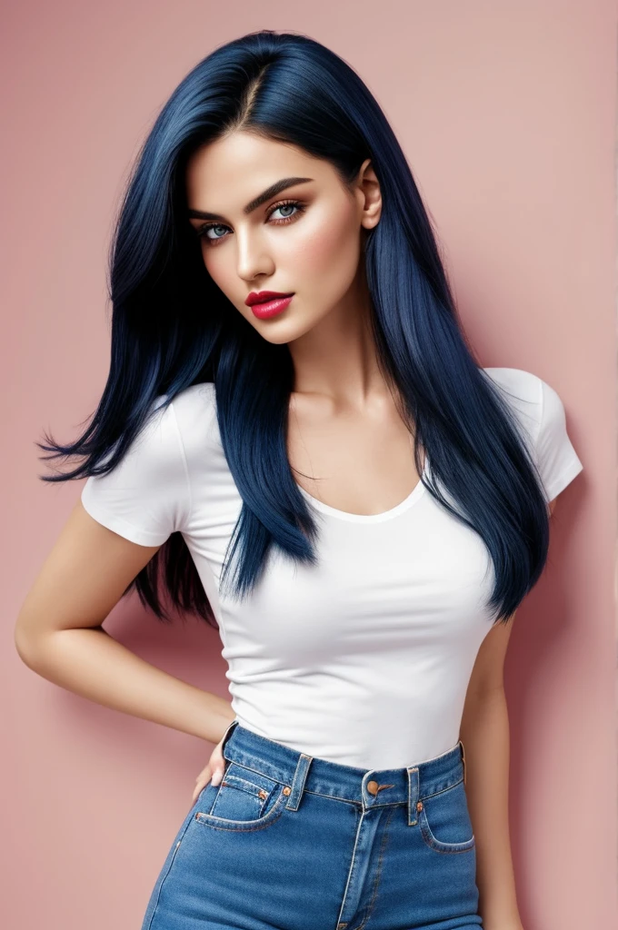 Full-body portrait of a stunning Russian model with oval face shape and light warm-toned skin, features dark blue hair styled in a striking medium-length cut. Her round face is framed by arched eyebrows and a small nose with a straight bridge, complementing her full lips painted with light pink lipstick. The subject exudes a sultry vibe, posing on one foot in tight white shoes, a fitted T-shirt, and high-waisted jeans against a solid-colored background. Shot with precision using the Sony A7 mirrorless camera, capturing photorealistic details from head to toe.,Masterpiece