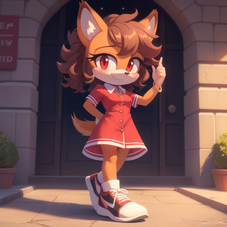 mobian, solo, hedgehog, two-tone fur ((orange fur, brown fur)), button front dress, CASUAL SHORT SLEEVE LAPEL RUCHED TIED DRESS, high-top sneakers, small breasts, two-tone hair (brown hair, black tip)), curly hair, halo, sunglasses, jewelry, red eyes, longeyelashes, red eyes, smile, shy, blush, pose, high detail, masterpiece, UHD, anatomically correct, super detail, highres, 4K