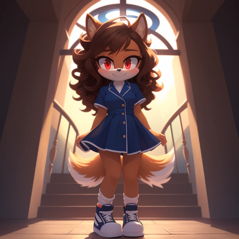 mobian, solo, hedgehog, two-tone fur ((orange fur, brown fur)), button front dress, CASUAL SHORT SLEEVE LAPEL RUCHED TIED DRESS, high-top sneakers, small breasts, two-tone hair (brown hair, black tip)), curly hair, halo, sunglasses, jewelry, red eyes, longeyelashes, red eyes, smile, shy, blush, pose, high detail, masterpiece, UHD, anatomically correct, super detail, highres, 4K