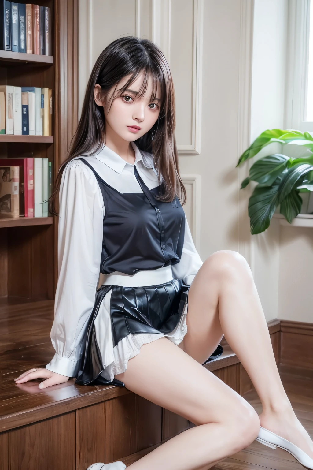 ((Best image quality、8K、masterpiece：1.3))、Realistic high-quality photos、Highest quality、Beautiful and graceful face and eyes、Uniform eyes、Black Hair、Shiny Hair、 OL、Wearing a short-sleeved blouse、Wear a long skirt、Full Body Shot.　Sitting、(((White panties can be seen between her skirt and legs)))、