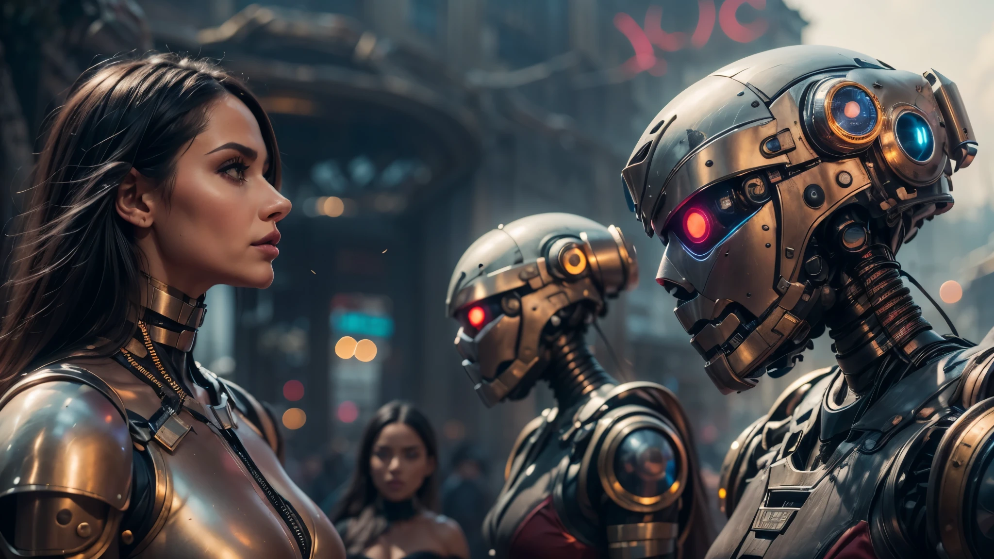 there are two robots that are standing next to each other, machines and futurist robots, death and robots, robot cyborgs, dieselpunk cyborgs, cyber steampunk 8 k 3 d, humanoid robots, still from alita, movie still of aztec cyborg, futuristic robots, from a 2 0 1 9 sci fi 8 k movie