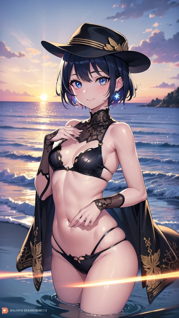 Masterpiece, top quality, best quality, official art, beautiful and aesthetic, anime, 1girl,extremely detailed, colorful, more detailed ((ultra-detailed)), (highly detailed CG illustration),Best Quality, High resolution, Unity 8k Wallpaper, (Illustration:0.8), (Beautiful detailed eyes:1.6), extra detailed face, Perfect Lighting, extremely details CG, (Perfect hands, Perfect Anatomy), seaside,sea,beach,evening, orangesky,clouds, black short hair,hat,smile, blue eyes,earrings,skinny fit,small breasts,wet, transparent bikini,from above,in middle, soft light