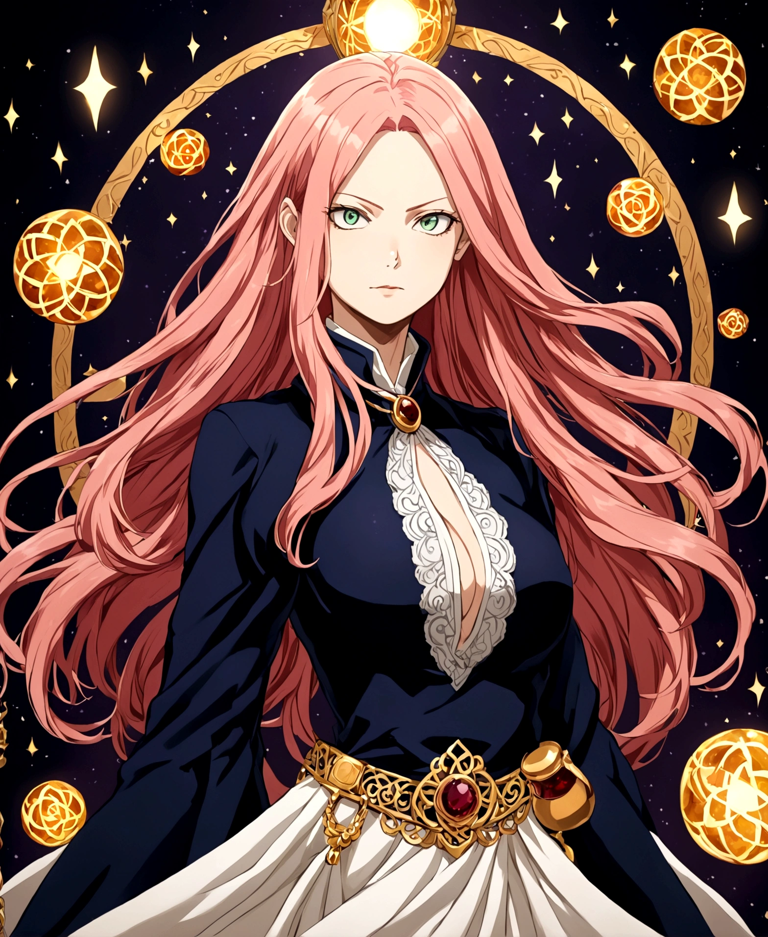 1girl, long_hair, bright_hair_color, seductive_eyes, mysterious_expression, mature_appearance, glamorous_outfit, flowing_dress, elegant_jewelry, intricate_embellishments, magic_symbols, glowing_accessories, potions, scrolls, cute_accents, bows, ribbons, flowers, todoroki shoto, My hero academia 