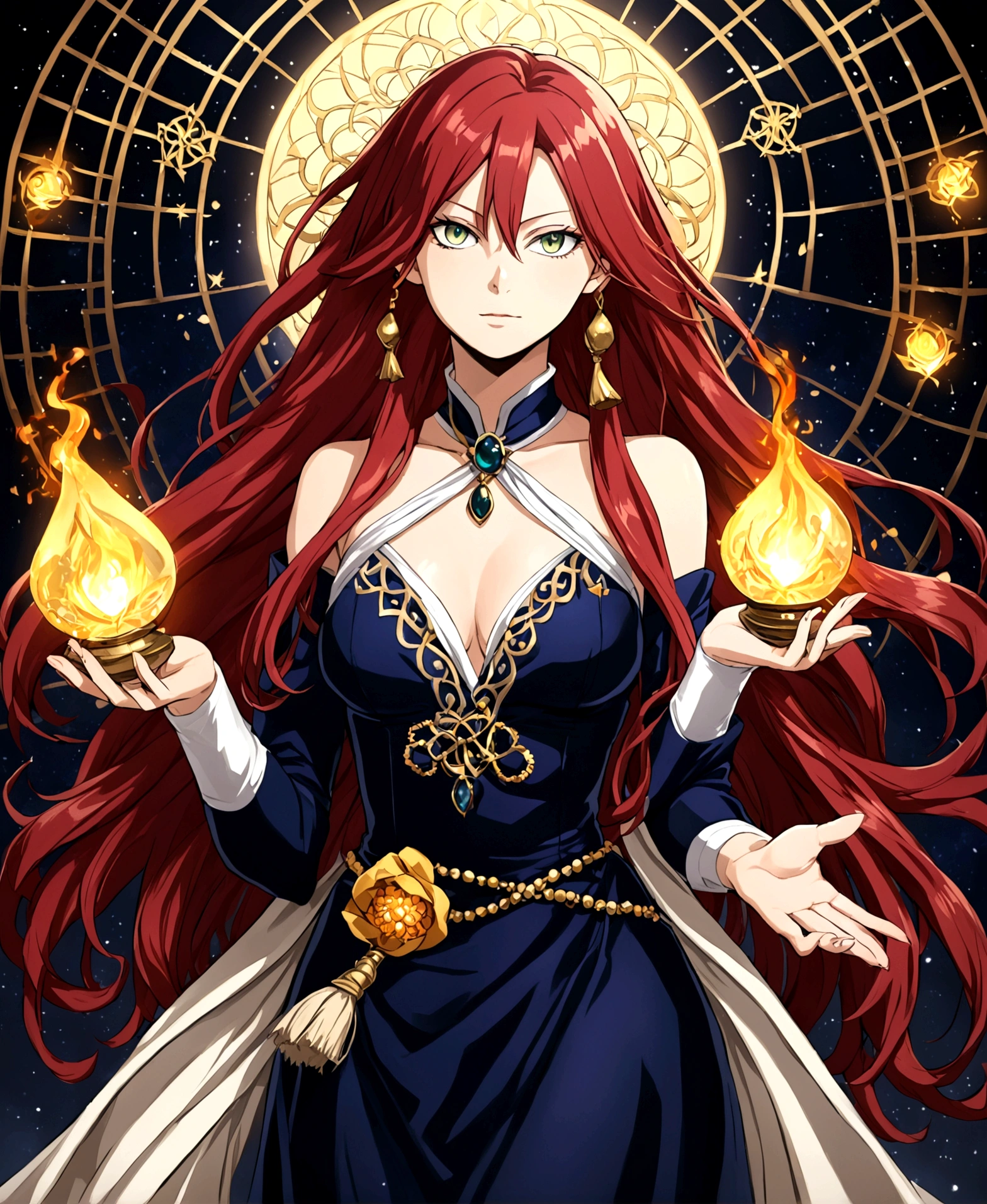 1girl, long_hair, bright_hair_color, seductive_eyes, mysterious_expression, mature_appearance, glamorous_outfit, flowing_dress, elegant_jewelry, intricate_embellishments, magic_symbols, glowing_accessories, potions, scrolls, cute_accents, bows, ribbons, flowers, todoroki shoto, My hero academia