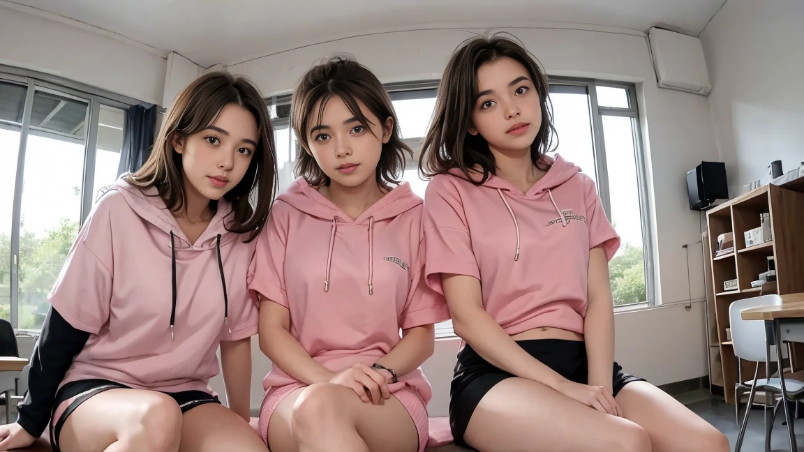 trois femmes ensemble de 18 ans sexy et mince , pink short sleeve hoodie , salle de classe, se touche,position sey,sensuel
