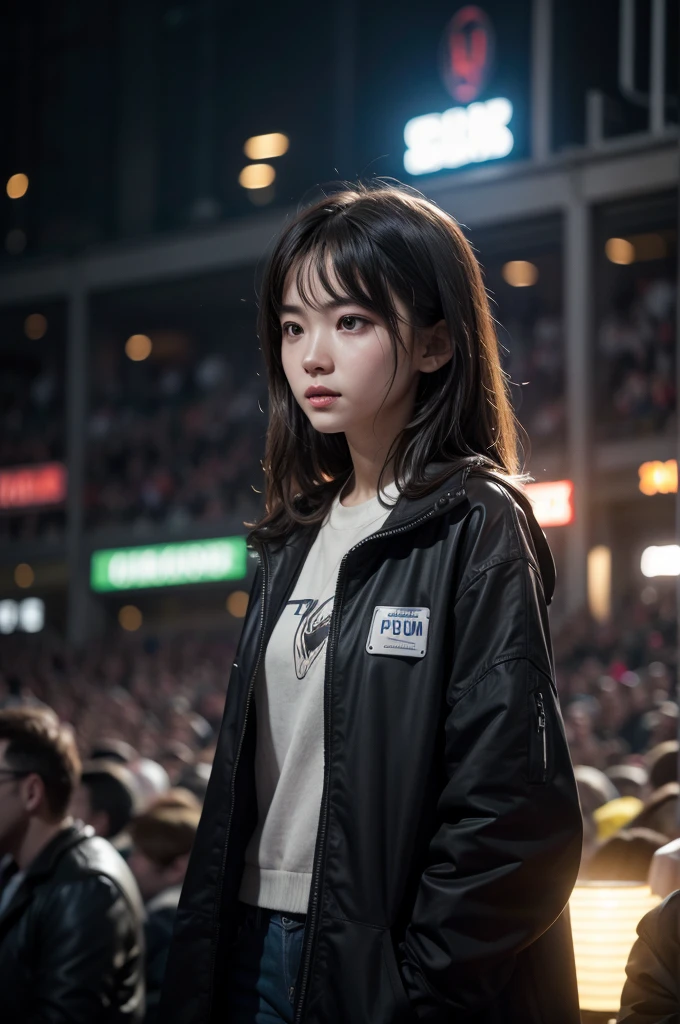 Person standing out in the crowd, 4K, ultrarealistic, with lighting highlighting.