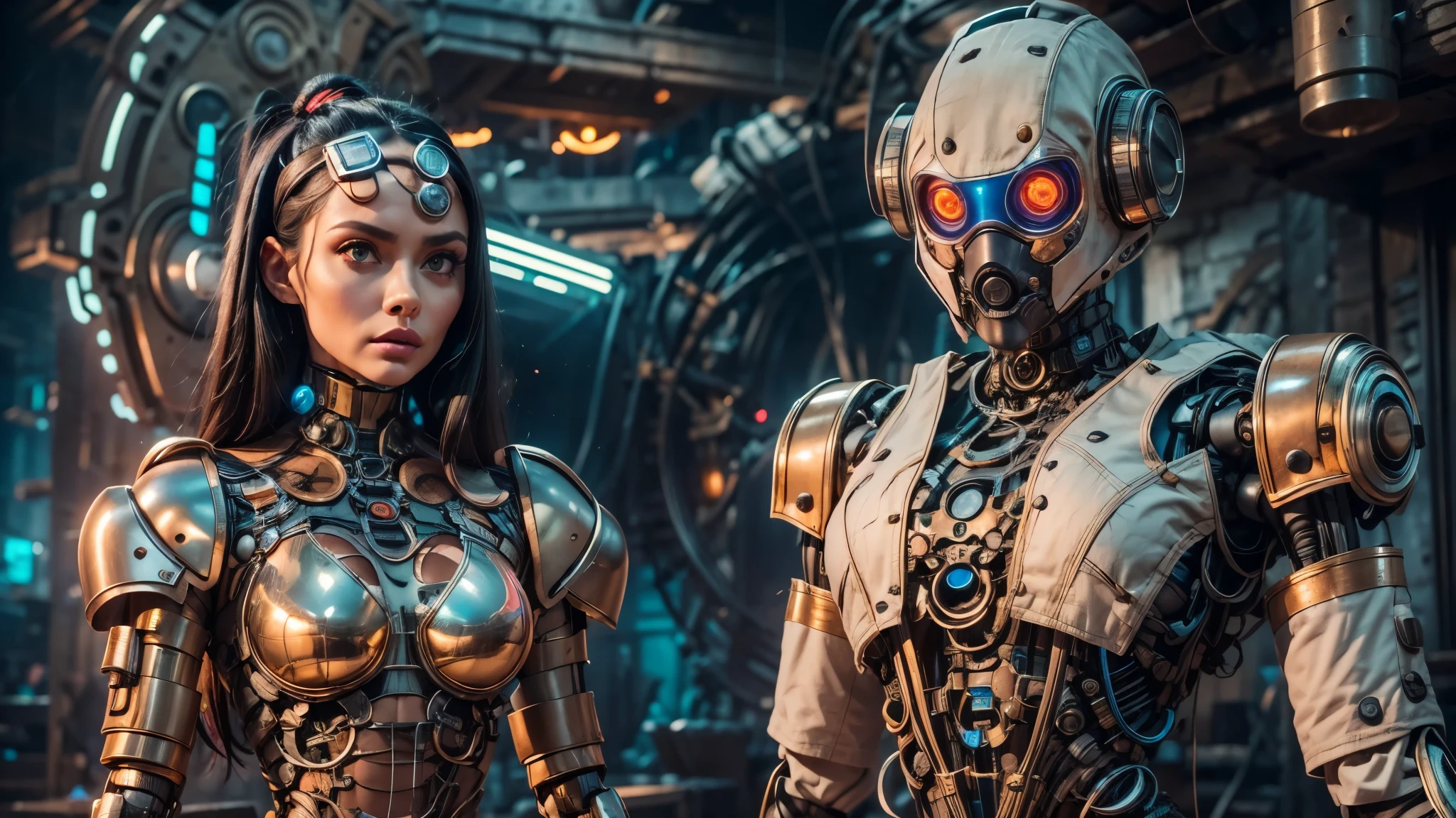 there are two robots that are standing next to each other, machines and futurist robots, death and robots, robot cyborgs, dieselpunk cyborgs, cyber steampunk 8 k 3 d, humanoid robots, still from alita, movie still of aztec cyborg, futuristic robots, from a 2 0 1 9 sci fi 8 k movie