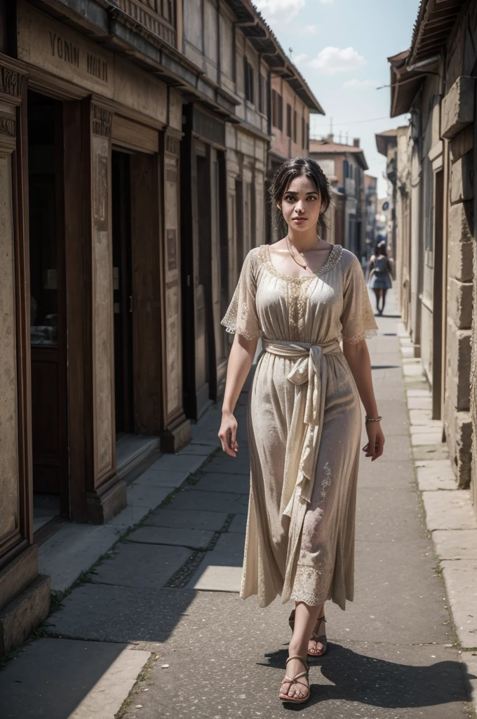 1womanl, 30 year old young man, from ancient Rome, period clothes, from the city of Pompeii, walking down the street, volumetric lighting, athletic, best qualityer, fot, details Intricate, tone mapping, sharp focus, hyper detailled, trends on artstation, gazing at viewer, realisitic