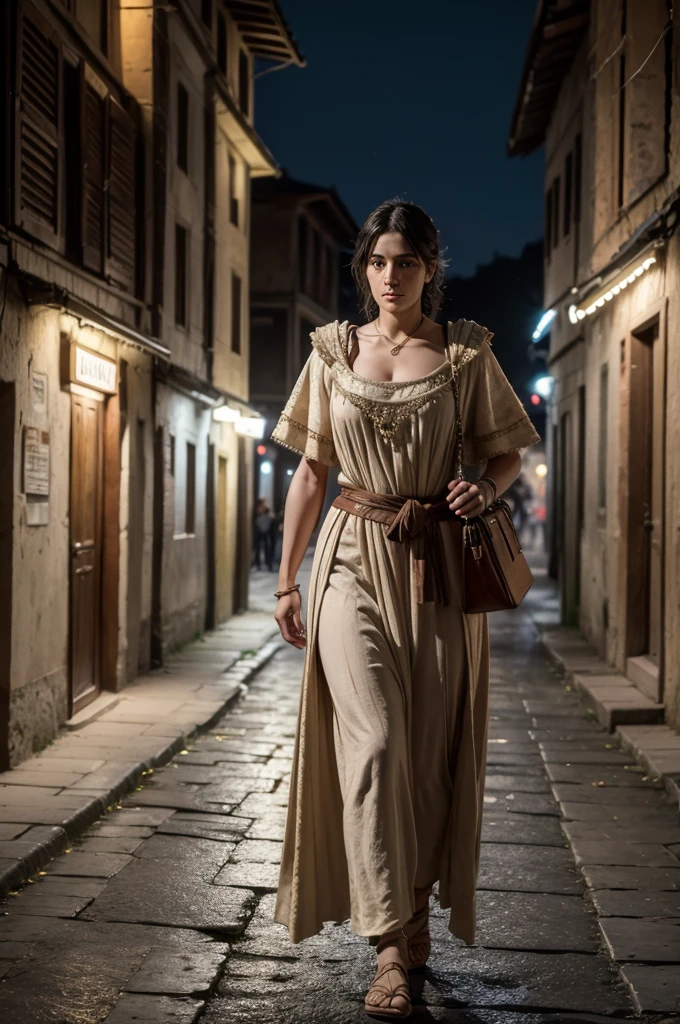 1womanl, 30 year old young man,  from ancient Rome, period clothes, from the city of Pompeii, walking down the street, volumetric lighting, athletic, best qualityer, fot, details Intricate, tone mapping, sharp focus, hyper detailled, trends on artstation, gazing at viewer, realisitic