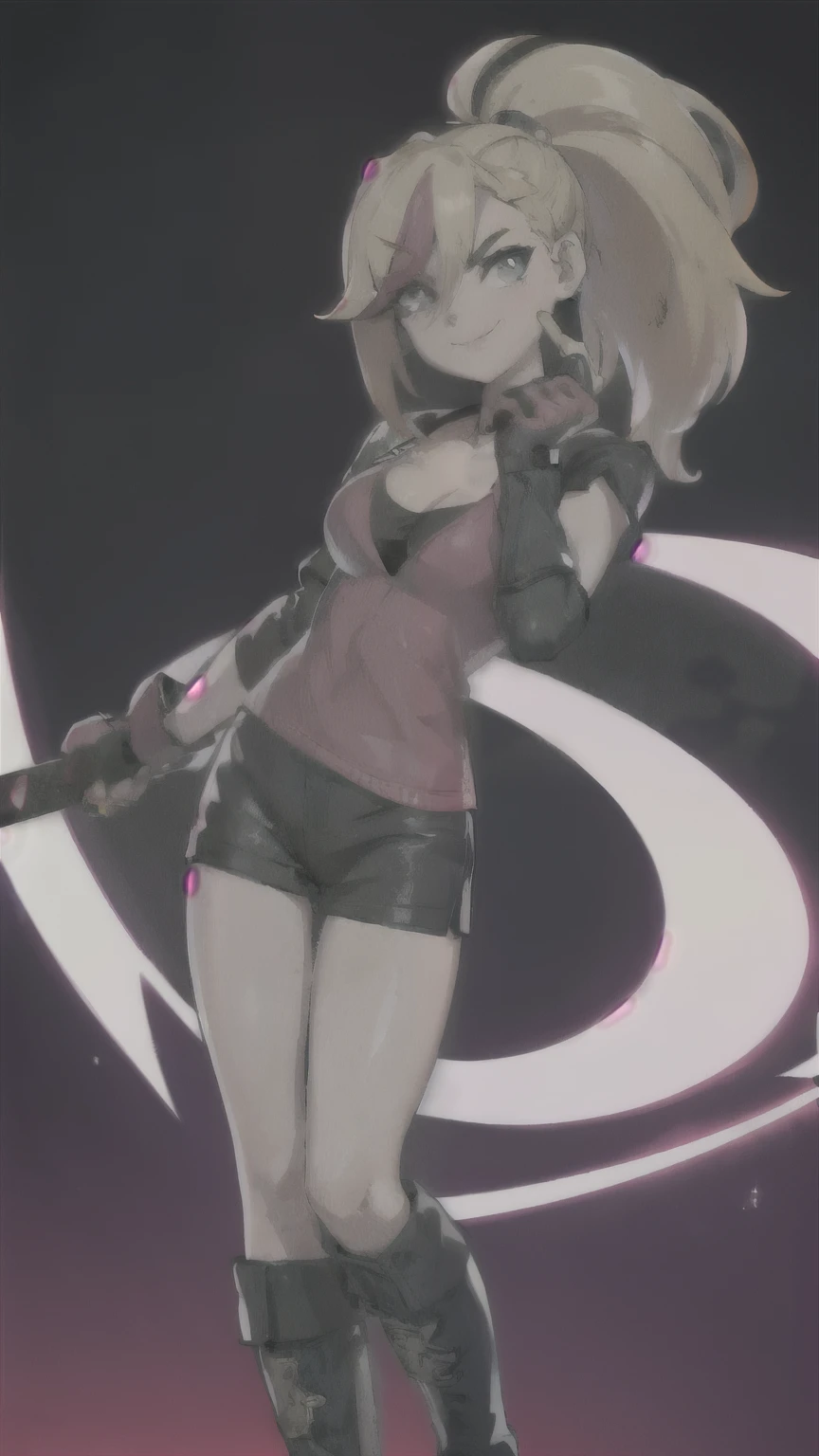 (best quality:HD, Colorful, 1.2),solo,1girl,mdrin,smile,looking at viewer,lovely pose, revealing shoulders, long ponytail,v-shaped eyebrows,red shirt, long cleavage , fingerless gloves,black shorts , rooftop, night sky, dark night,background,  colorful tones, Hair over one eye, ultra long hair, standing on hooftop, long boots, blonde, holding a perfect katana sword, great contrast colors, nitid colors