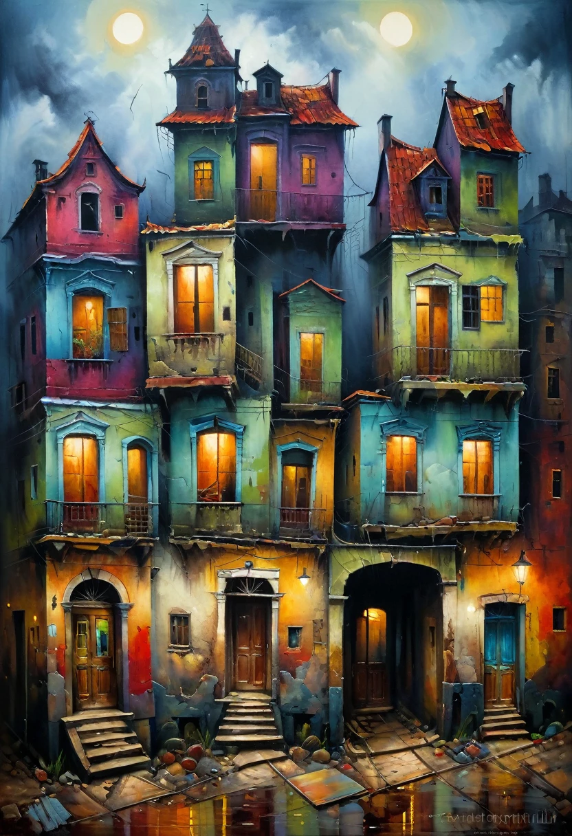 ((Cursed city. forgotten, gloomy)), terrible shadows in this city. In the style of primitivism. (David Martiashvili). Rich palette, special writing technique. Synthesis of primitive forms with complex painting techniques... aesthetics. colorful oil painting. Old dilapidated housesVery beautiful, gouache, cinematic, dark, Nasty, mysterious,
modern vintage, rich deep colors, boho style. The fog is thick fog. ultra-stunning lighting. The old cursed city, a lithographic detailed picture of the city, its street walls smoked from the contact of countless bodies, battered metal tables and chairs standing so close to each other, all surfaces greasy,
dirt in every crevice; conceptual art, Super Detail, Amazing composition. hyperrealistic photography, --niji 5 --ar 2:3 --expressive style --v 5.
