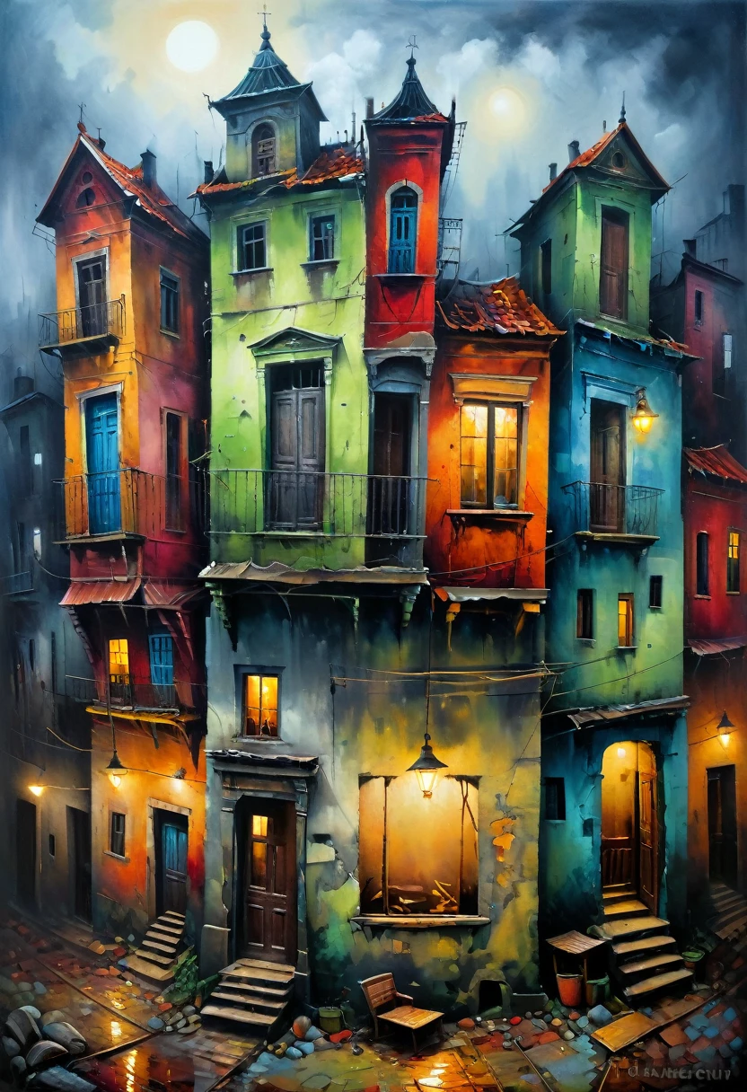 ((Cursed city. forgotten, gloomy)), terrible shadows in this city. In the style of primitivism. (David Martiashvili). Rich palette, special writing technique. Synthesis of primitive forms with complex painting techniques... aesthetics. colorful oil painting. Old dilapidated housesVery beautiful, gouache, cinematic, dark, Nasty, mysterious,
modern vintage, rich deep colors, boho style. The fog is thick fog. ultra-stunning lighting. The old cursed city, a lithographic detailed picture of the city, its street walls smoked from the contact of countless bodies, battered metal tables and chairs standing so close to each other, all surfaces greasy,
dirt in every crevice; conceptual art, Super Detail, Amazing composition. hyperrealistic photography, --niji 5 --ar 2:3 --expressive style --v 5.