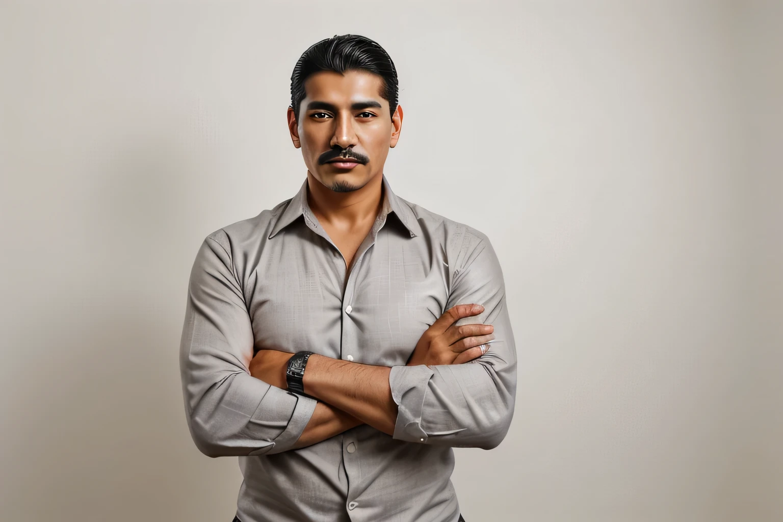 create realistic good looking Mexican man portrait with a friendly and respectful appearance, wearing dress shirt