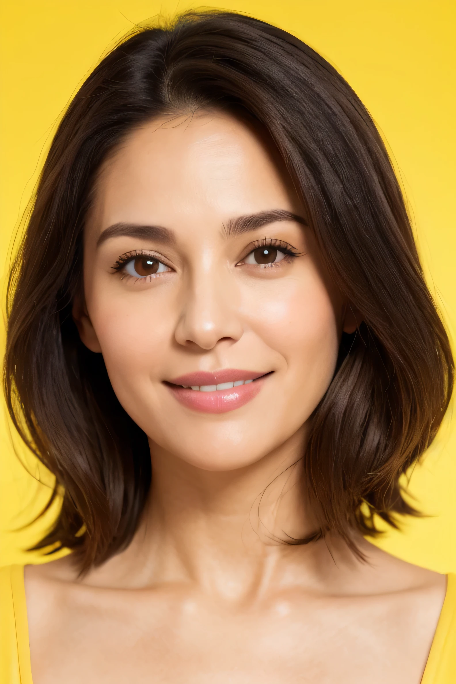 beautiful smile, face perfect, beautiful face of a 45 year old brunette woman, with yellow background
