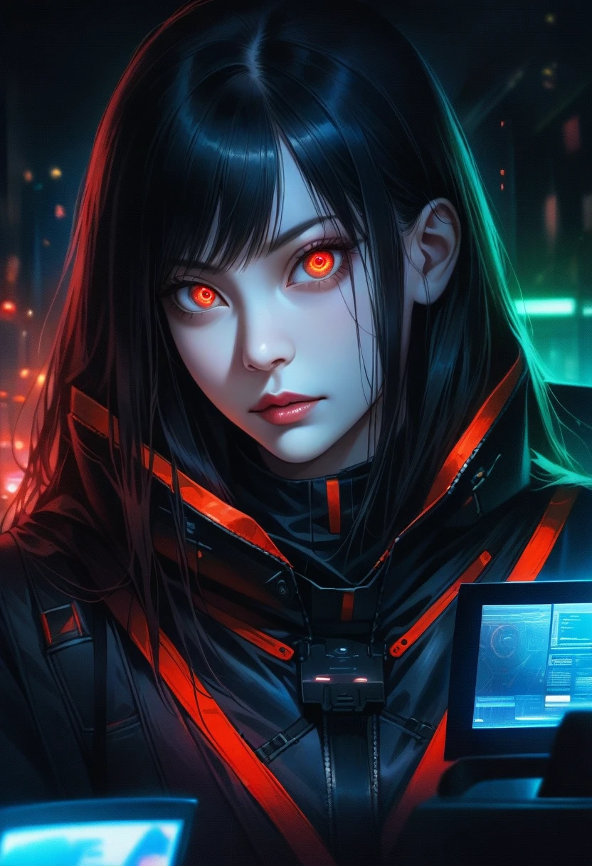 woman in a dark high-tech futuristic hacker outfit, upper body, detailed face, beautiful detailed eyes, beautiful detailed lips, extremely detailed eyes and face, long eyelashes, looking at viewer, solo, detailed background, sleek, neotech theme, high-tech futuristic hacker, advanced technology, techwear, keycard, holographic display, unauthorized, numbers, computer, floorplan, control panel in background, green lights, stealth, dark sinister atmosphere, (best quality,4k,8k,highres,masterpiece:1.2),ultra-detailed,(realistic,photorealistic,photo-realistic:1.37),HDR,UHD,studio lighting,ultra-fine painting,sharp focus,physically-based rendering,extreme detail description,professional,vivid colors,bokeh