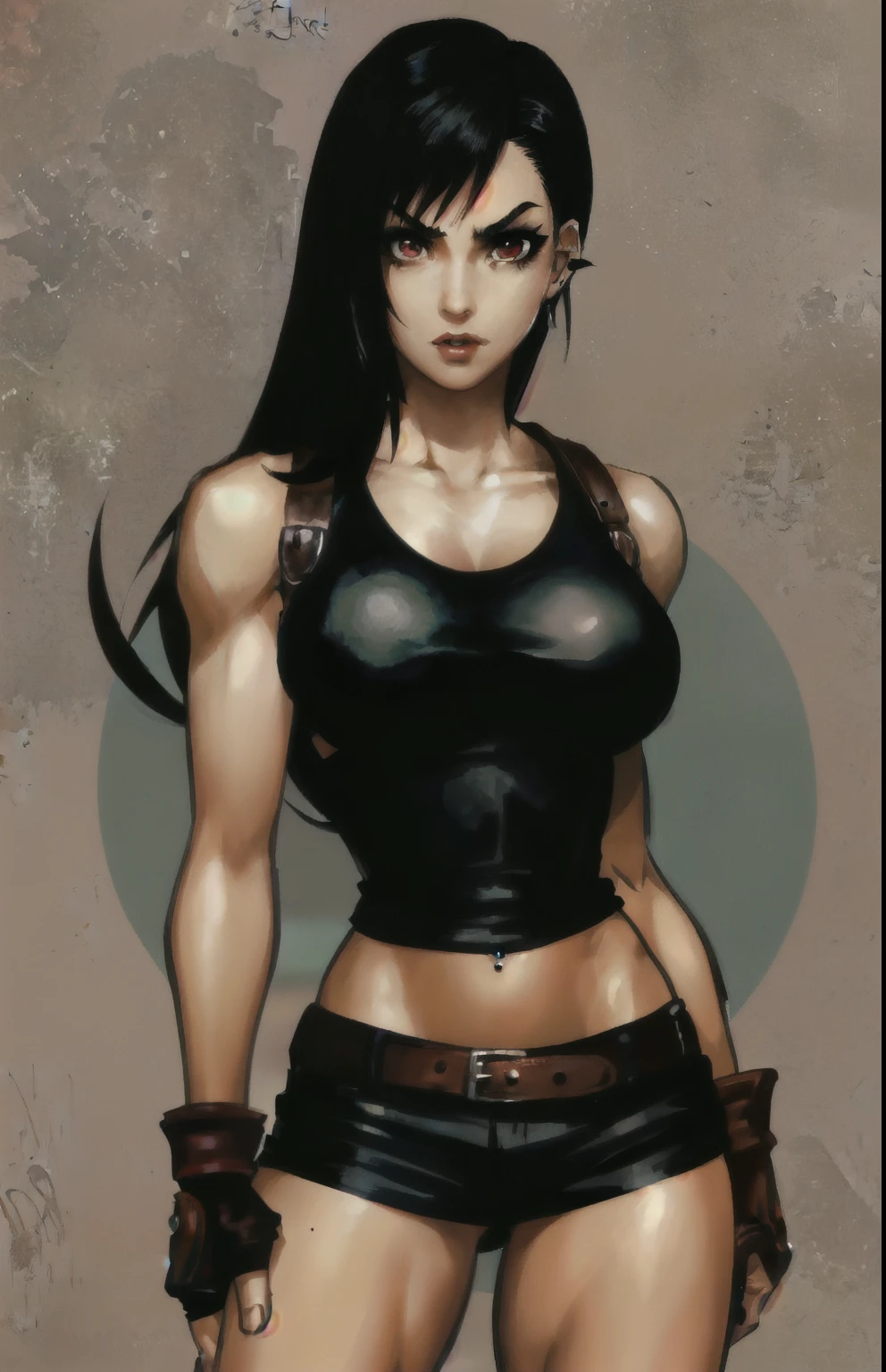 tifa ff7, eyes browns, outlined,dark eyebrows,nariz com piercing no septo, lips, teeths, face, Short shoulder length black hair, 1 girl, standing alone