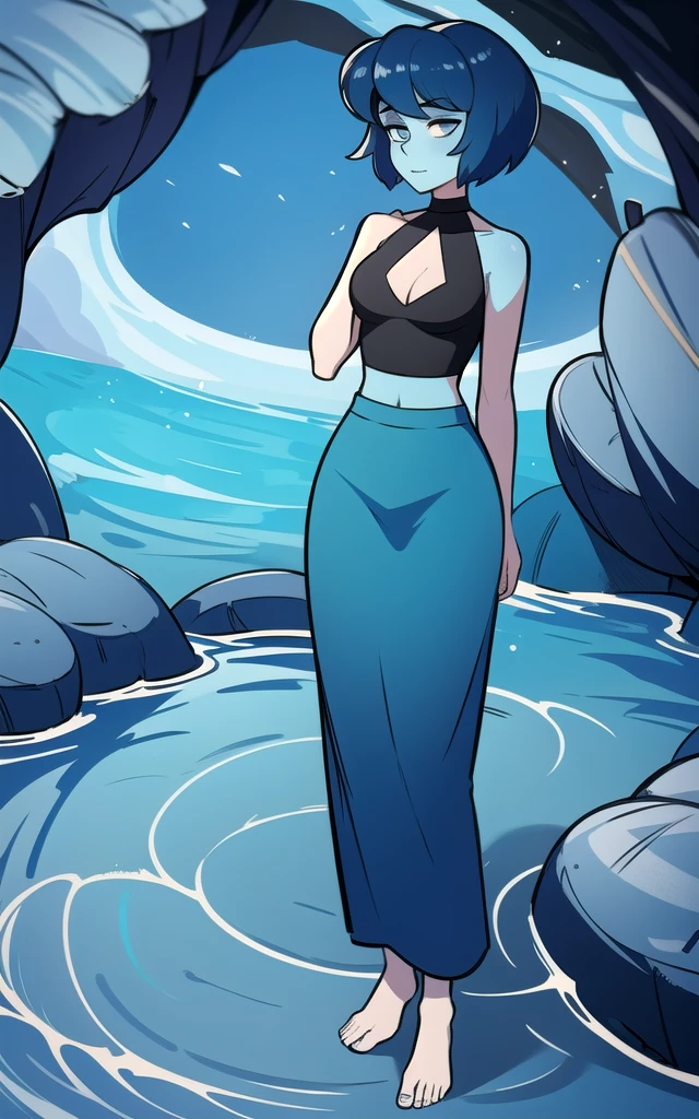 8k, highres, (masterpiece:1.2), (best quality:1.2), ultra-detailed, (an extremely delicate and beautiful), intricate , beautiful eyes,1girl,female, solo, ((blue skin)), blue eyes, colored skin, lapis lazuli \(steven universe\), sulapislazuli, ((short hair)),standing, full body, cowboy shot, ((blue crop top)), skirt,barefoot, water,blue long skirt, skirt, bare shoulders , sleeveless , neckline, she is stuck in quicksand sinking deep reach her pelvis