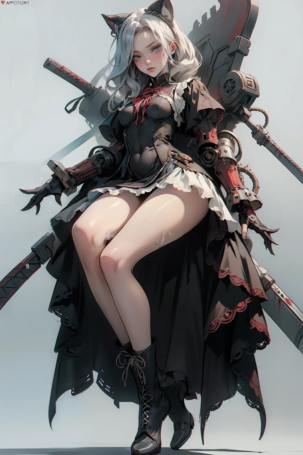 ((best quality)), ((masterpiece)), (detailed), a penitent female, blank white background, plain background, white background, red and white clothing, Bloodborne aesthetic, occult aesthetic, occult, occult paraphernalia, detailed and intricate steampunk and detailed gothic, NSFW, Very dramatic and cinematic lighting, cosmic horror, grim-dark, side-lighting, perfect face, NSFW, Fluttering lace flared dress with frilly petticoats, pleated petticoats, petticoats, complex lace boots, side-lighting, gothic aesthetic, wielding mighty mechanical melee weapons, mechanical components, carbine, NSFW, beautiful small breasts, small breasts, full body, whole body, body, plain background, white background, blank background, no background, white background NSFW, full body, whole body, head-to-toe dynamic poses NSFW