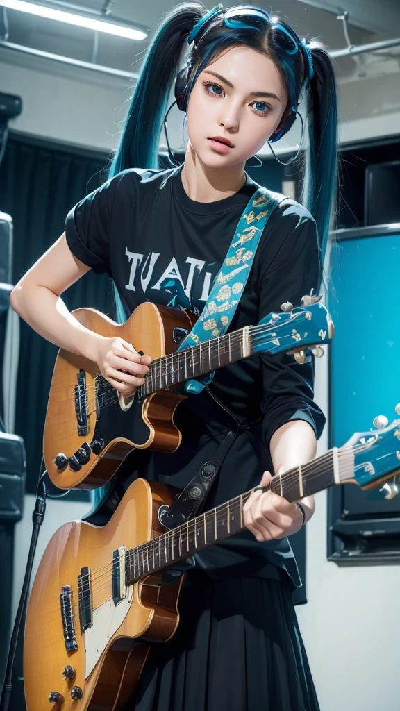 ((masterpiece, best quality))1girl, solo, black dress, blue eyes, electric guitar, guitar, headphones, double ponytail, holding, holding plectrum, instrument, long hair, music, one side up, teal hair, twin tails, playing guiter, pleated skirt, black shirt, interior