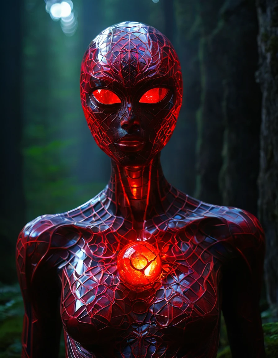 Extraterrestrial figure, on the face there are patterns of reflections of the outside world, the rest of its body is translucent, and on its chest it carries a bright red stone