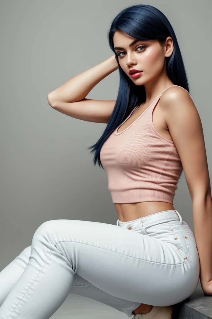 Full-body portrait of a stunning Russian model with oval face shape and light warm-toned skin, features dark blue hair styled in a striking medium-length cut. Her round face is framed by arched eyebrows and a small nose with a straight bridge, complementing her full lips painted with light pink lipstick. The subject exudes a sultry vibe, posing on one foot in tight white shoes, a fitted T-shirt, and high-waisted jeans against a solid-colored background. Shot with precision using the Sony A7 mirrorless camera, capturing photorealistic details from head to toe.,Masterpiece