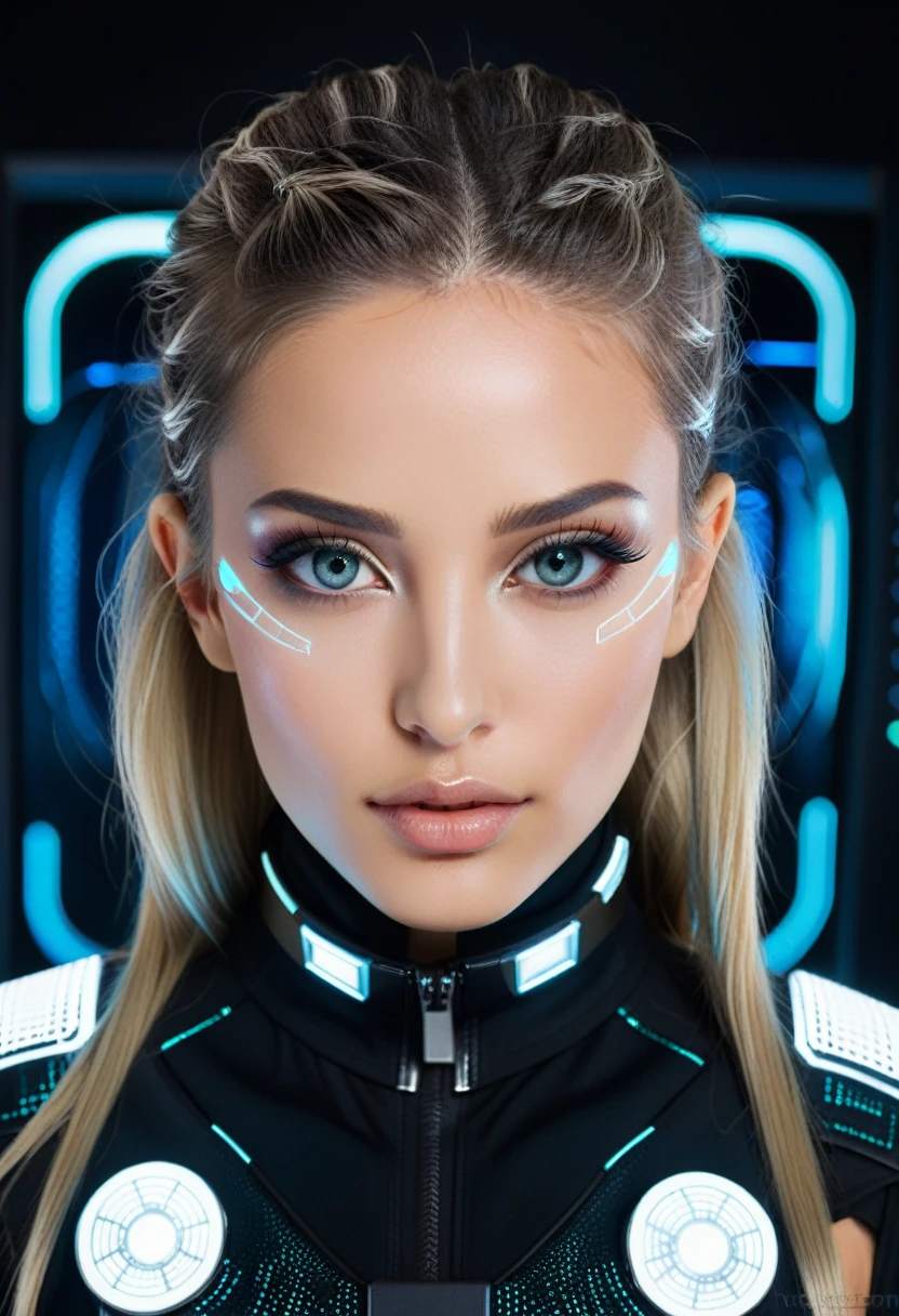 woman in a dark high-tech futuristic hacker outfit, upper body, detailed face, beautiful detailed eyes, beautiful detailed lips, extremely detailed eyes and face, long eyelashes, looking at viewer, solo, detailed background, sleek, neotech theme, high-tech futuristic hacker, advanced technology, techwear, keycard, holographic display, unauthorized, numbers, computer, floorplan, control panel in background, green lights, stealth, dark sinister atmosphere, (best quality,4k,8k,highres,masterpiece:1.2),ultra-detailed,(realistic,photorealistic,photo-realistic:1.37),HDR,UHD,studio lighting,ultra-fine painting,sharp focus,physically-based rendering,extreme detail description,professional,vivid colors,bokeh