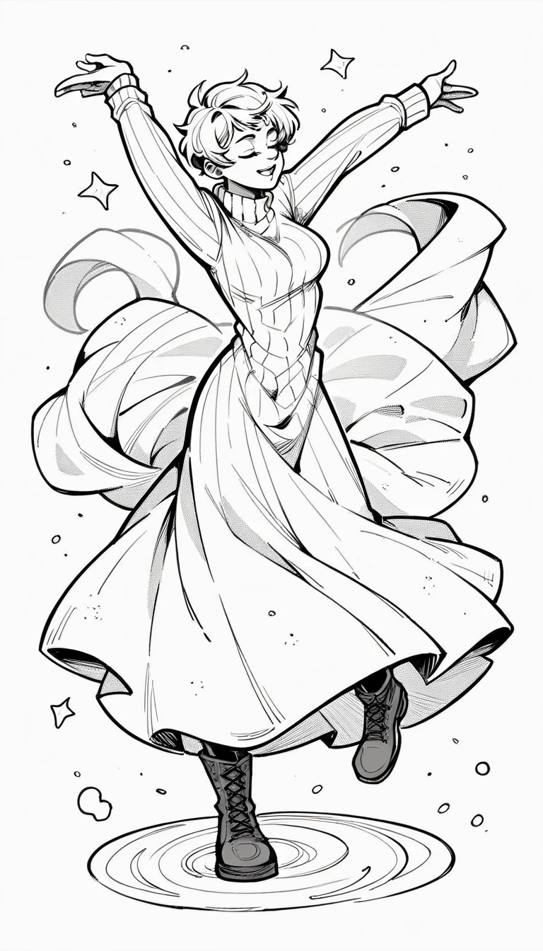 black and white, line art, no shading, full body, live2D character, pixie hair, skinny, dancing, medium breasts, sweater, long dress, boots, snow effects, coloring book style, sketch,ink drawing, outlines. good anatomical hands