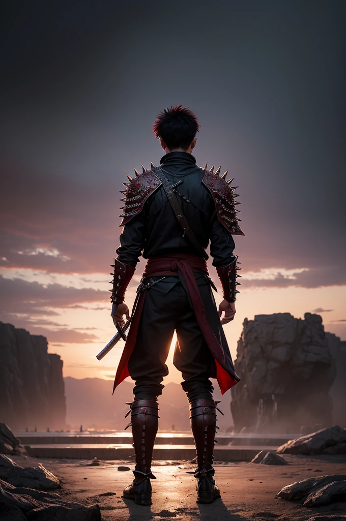  fountain_アニメ, detailed back ground, 1 young boy, standing alone, whole body, wasteland, dramatic lighting, dynamic pose, dynamic composition, action scene, action pose, crossed arms, evil smile, red samurai clothes, black and spiky hair, red eyes, katana on the waist