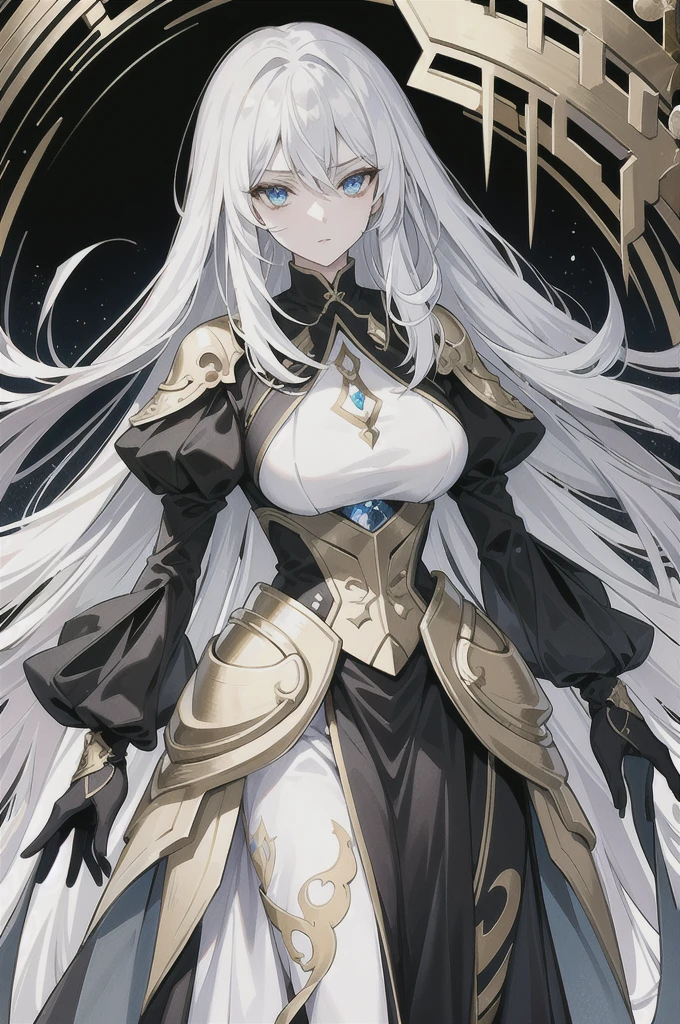 Physical description This character is a woman with an ethereal and imposing appearance. Her long white hair flows around her, creating an almost mystical aura. His golden eyes are piercing and express great intensity and determination. Her outfit is complex and elegant, consisting of several layers of white and black fabrics, accented with gold designs. The dress appears both practical and ceremonial, perhaps indicating a high rank or special role in one's world. Her arms are covered in sleek gauntlets that add a touch of sophistication to her appearance. His entire style suggests a combination of power, grace and mystery.