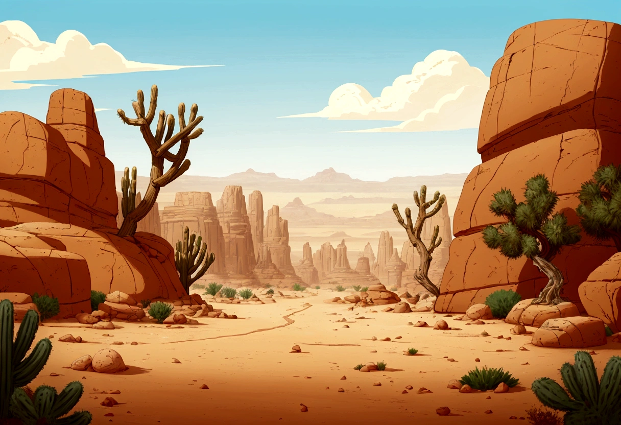 a cartoon desert landscape with rocks and trees, desert background, background art, desert scenery, canyon background, desert environment, desert wasteland, new mexican desert background, desert in the background, desert landscape, desert scene, rocky desert, sand and desert environment, background artwork, desert lands, western background, wild west background, game background, 2 d game art background