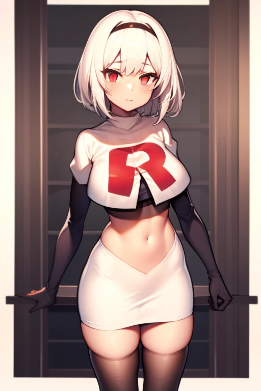 sirius (azur lane),white hair,red eyes,1girl,short hair,headband,team rocket,team rocket uniform,white skirt,red letter R,crop top,black thigh-highs,black elbow gloves