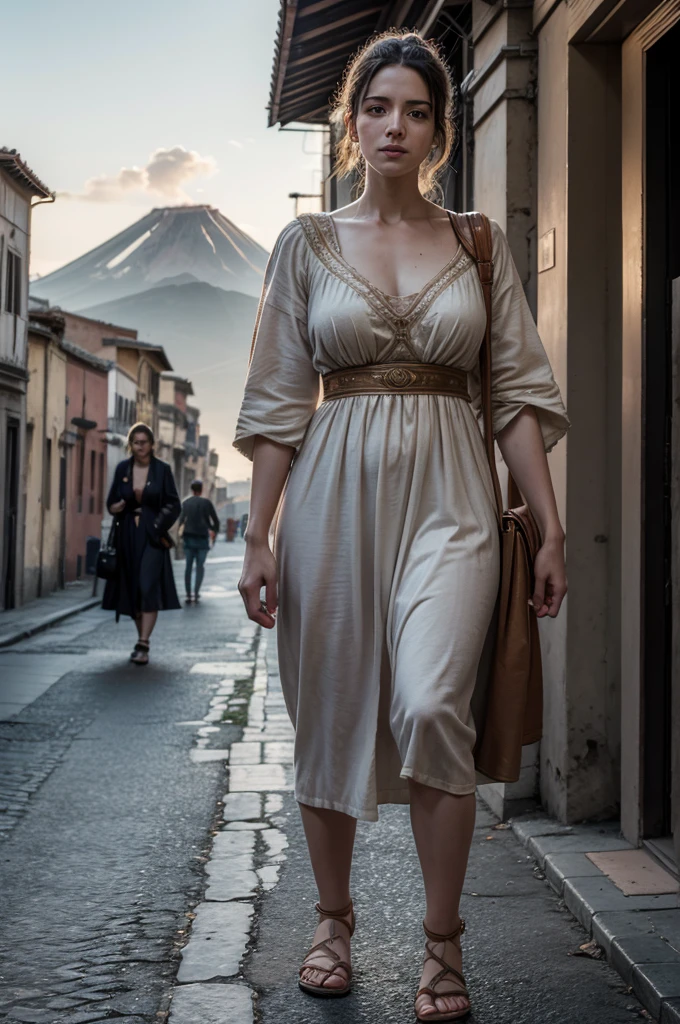 1womanl, 30 year old young man, from ancient Rome, period clothes, from the city of Pompeii, the versuvius volcano in the background, walking down the street, volumetric lighting, athletic, best qualityer, fot, details Intricate, tone mapping, sharp focus, hyper detailled, trends on artstation, gazing at viewer, realisitic