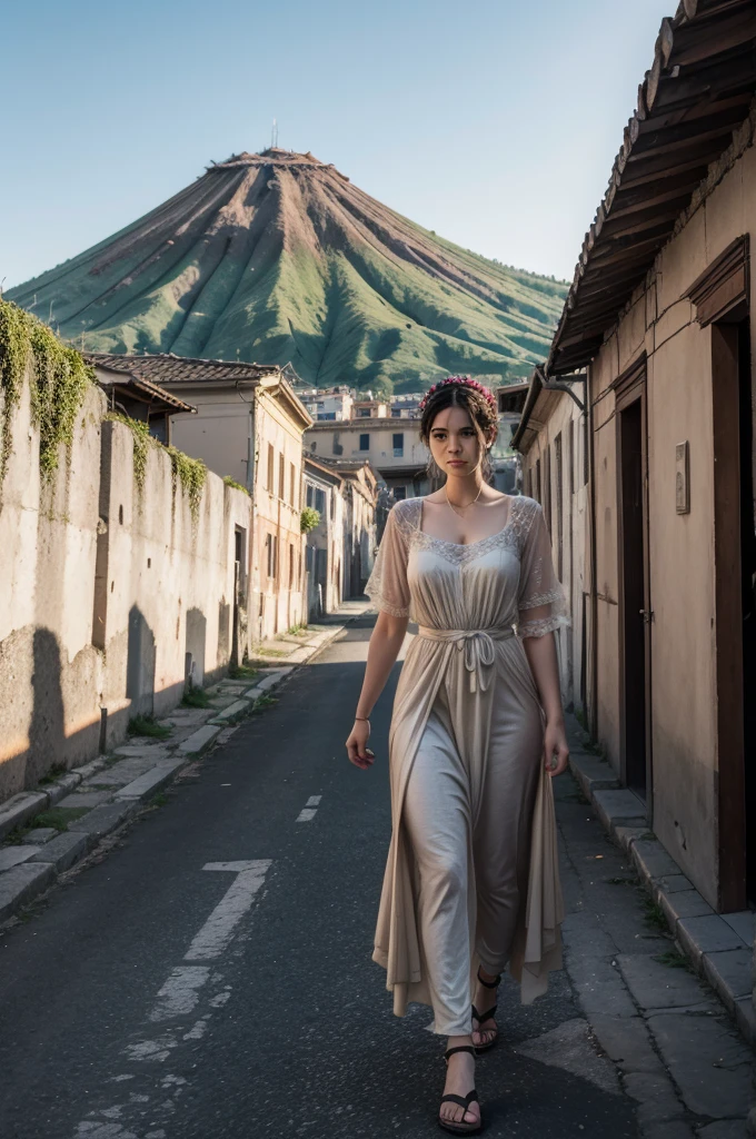 1womanl, 30 year old young man, from ancient Rome, period clothes, from the city of Pompeii, the versuvius volcano in the background, walking down the street, volumetric lighting, athletic, best qualityer, fot, details Intricate, tone mapping, sharp focus, hyper detailled, trends on artstation, gazing at viewer, realisitic