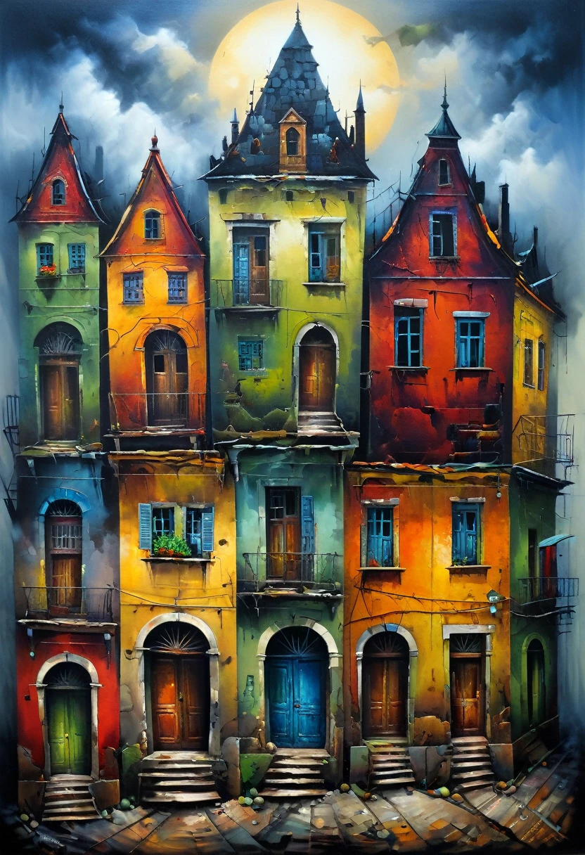 ((Cursed city. forgotten, gloomy)), terrible shadows in this city. In the style of primitivism. (David Martiashvili). Rich palette, special writing technique. Synthesis of primitive forms with complex painting techniques... aesthetics. colorful oil painting. Old dilapidated housesVery beautiful, gouache, cinematic, dark, Nasty, mysterious,
modern vintage, rich deep colors, boho style. The fog is thick fog. ultra-stunning lighting. The old cursed city, a lithographic detailed picture of the city, its street walls smoked from the contact of countless bodies, battered metal tables and chairs standing so close to each other, all surfaces greasy,
dirt in every crevice; conceptual art, Super Detail, Amazing composition. hyperrealistic photography, --niji 5 --ar 2:3 --expressive style --v 5.