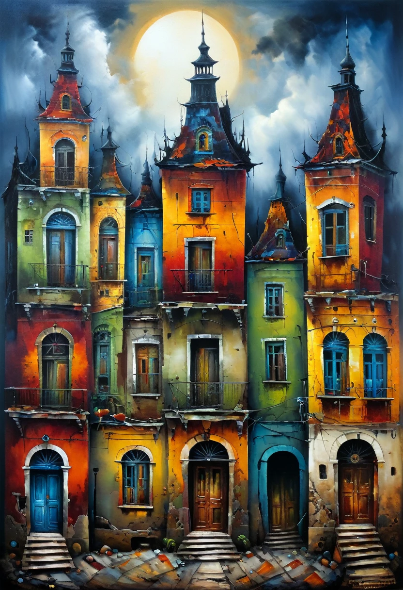 ((Cursed city. forgotten, gloomy)), terrible shadows in this city. In the style of primitivism. (David Martiashvili). Rich palette, special writing technique. Synthesis of primitive forms with complex painting techniques... aesthetics. colorful oil painting. Old dilapidated housesVery beautiful, gouache, cinematic, dark, Nasty, mysterious,
modern vintage, rich deep colors, boho style. The fog is thick fog. ultra-stunning lighting. The old cursed city, a lithographic detailed picture of the city, its street walls smoked from the contact of countless bodies, battered metal tables and chairs standing so close to each other, all surfaces greasy,
dirt in every crevice; conceptual art, Super Detail, Amazing composition. hyperrealistic photography, --niji 5 --ar 2:3 --expressive style --v 5.