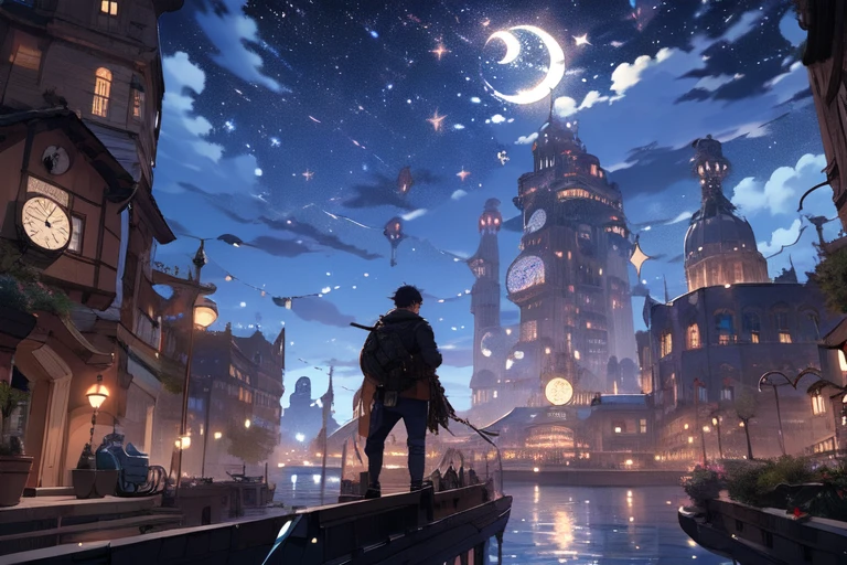 Main view of a boy on the balcony of a building (work of art:1.2), best qualityer,PIXIV,night time scene, scenario, sky, nube, sin humanos, natta, Star (sky), plein-air, tower with central clock, buildings, fancy, Starry sky, natta sky, water, nubey sky, citys, Giant boy with his back to the public in Anime style with blue hair with his hands on his knees looking at the moon coloring page, fancy futuristica Garoto na cada de um prédio (work of art:1.2), best qualityer,PIXIV,night time scene, scenario, sky, nube, sin humanos, natta, Star (sky), plein-air, tower with central clock, buildings, fancy, Starry sky, natta sky, water, nubey sky, citys, Giant boy with his back to the public in Anime style with blue hair sitting on the balcony of a building with his hands on his knees looking at the moon coloring page, fancy futuristica asgard wallpaper ultra detalhada, the wind in your face realistic, Looking at the sky, moon in dnd, RPG, Lara Croft Game Design Fanart by Concept Art, behance hd, lively art station, deviantart, Global Moonlight Illumination Radiating a Bright Aura Global Illumination Ray Tracing HDR Rendering in Unreal Engine 4