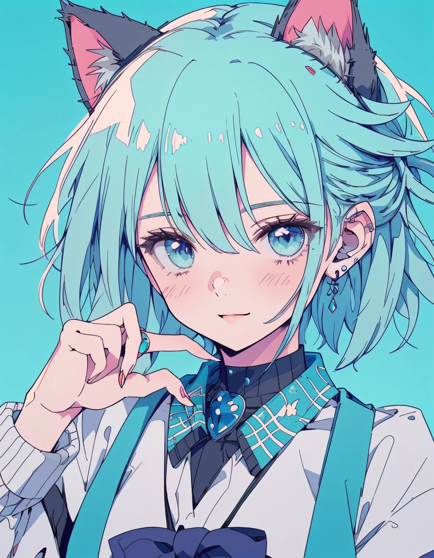 Japanese gal, smile, wink, one closed eye, ((masterpiece, best quality:1.5)), ((Beautiful detailed cat aqua eyes:1.2)), cat ears, pale skin, medium breasts, beautiful hands, beautiful fingers, EasyNegative