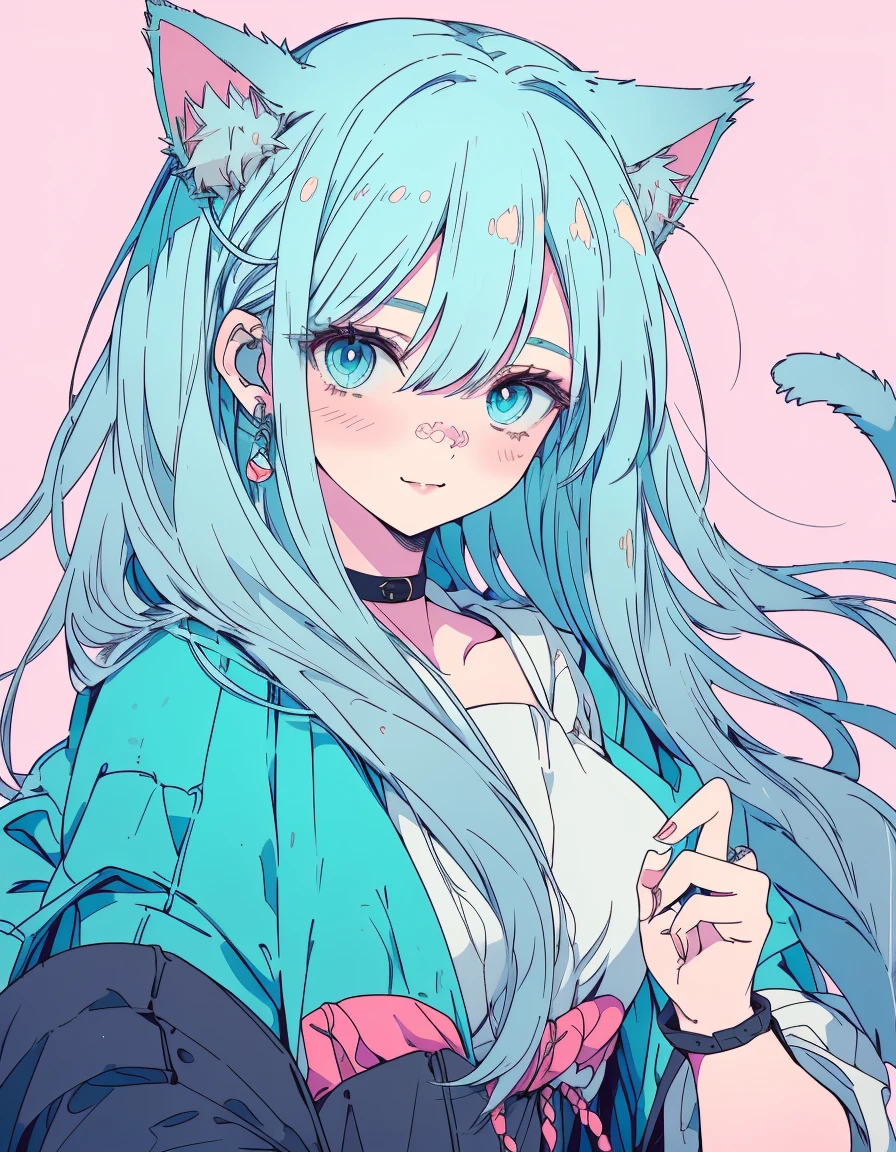 Japanese gal, smile, wink, one closed eye, ((masterpiece, best quality:1.5)), ((Beautiful detailed cat aqua eyes:1.2)), cat ears, pale skin, medium breasts, beautiful hands, beautiful fingers, EasyNegative