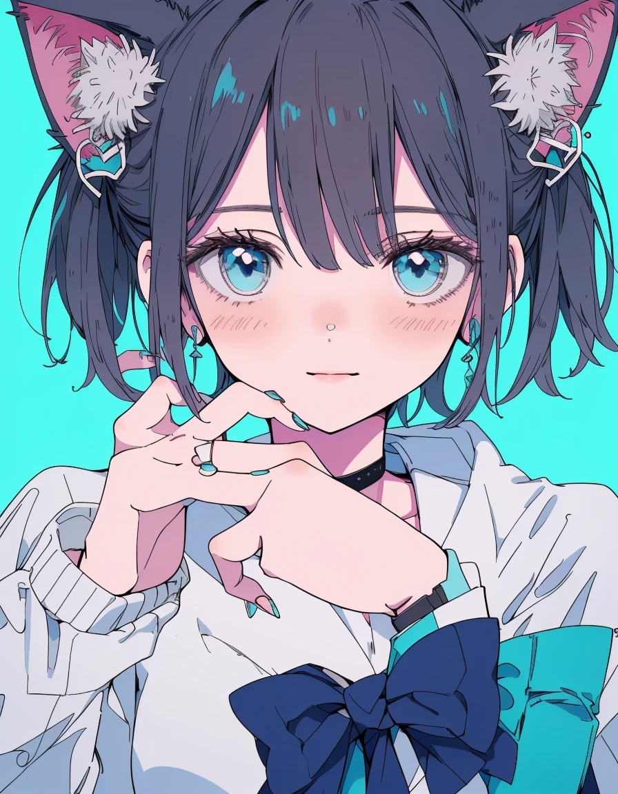 Japanese gal, smile, wink, one closed eye, ((masterpiece, best quality:1.5)), ((Beautiful detailed cat aqua eyes:1.2)), cat ears, pale skin, medium breasts, beautiful hands, beautiful fingers, EasyNegative