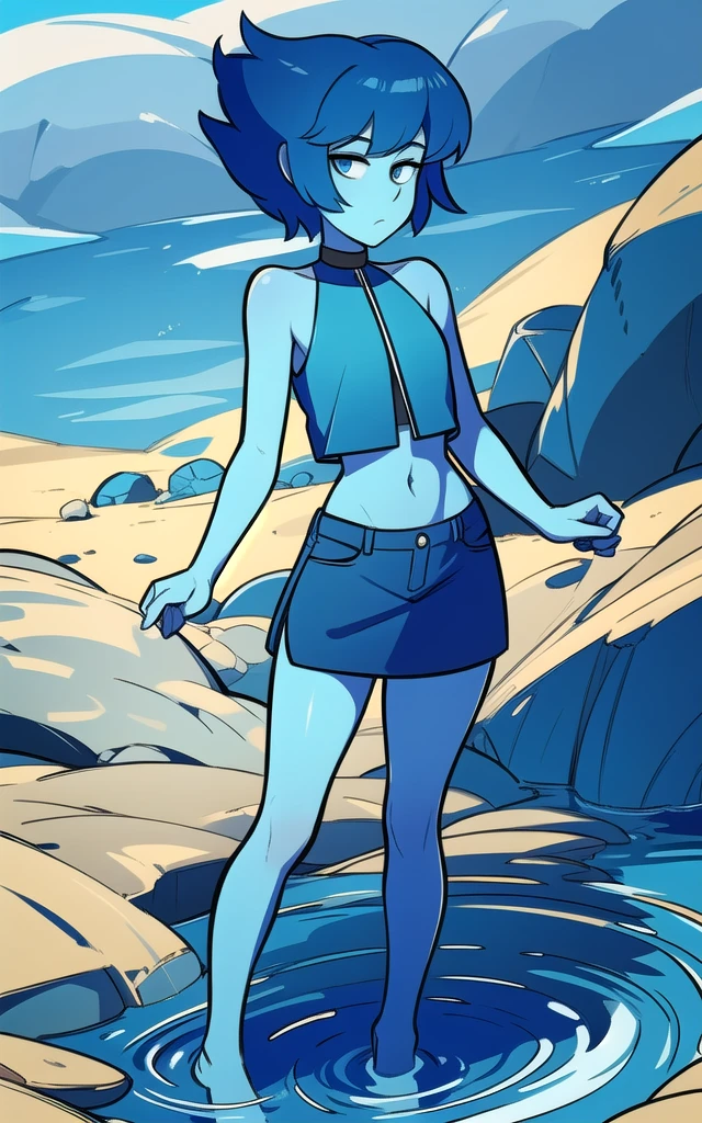8k, highres, (masterpiece:1.2), (best quality:1.2), ultra-detailed, (an extremely delicate and beautiful), intricate , beautiful eyes,1girl,female, solo, ((blue skin)), blue eyes, colored skin, lapis lazuli \(steven universe\), sulapislazuli, ((short hair)),standing, full body, cowboy shot, ((blue crop top)), skirt,barefoot, water,blue shorts, bare shoulders , sleeveless , neckline, she is stuck in quicksand sinking deep reach her pelvis