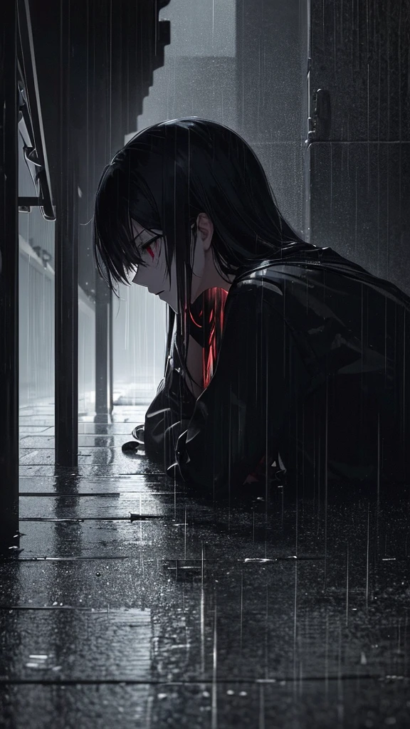 "Create an anime-style image that captures the emotional depth and contrasting themes of the song. The scene should feature a dark, rainy urban environment with deep shadows and muted colors. In the foreground, a character with visible red scars on their wrists stands in a contemplative pose, half-hidden in the shadows. Their face is partially obscured by a mask, symbolizing the duality of their public facade and private pain. Surrounding them, incorporate subtle, moody lighting and rain effects to evoke a sense of inner turmoil and silent screams. The overall aesthetic should blend traditional anime art with a melancholic and dark, yet visually striking atmosphere."