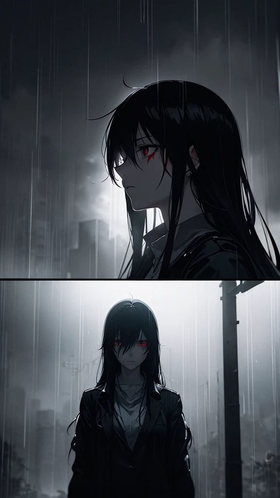 "Create an anime-style image that captures the emotional depth and contrasting themes of the song. The scene should feature a dark, rainy urban environment with deep shadows and muted colors. In the foreground, a character with visible red scars on their wrists stands in a contemplative pose, half-hidden in the shadows. Their face is partially obscured by a mask, symbolizing the duality of their public facade and private pain. Surrounding them, incorporate subtle, moody lighting and rain effects to evoke a sense of inner turmoil and silent screams. The overall aesthetic should blend traditional anime art with a melancholic and dark, yet visually striking atmosphere."