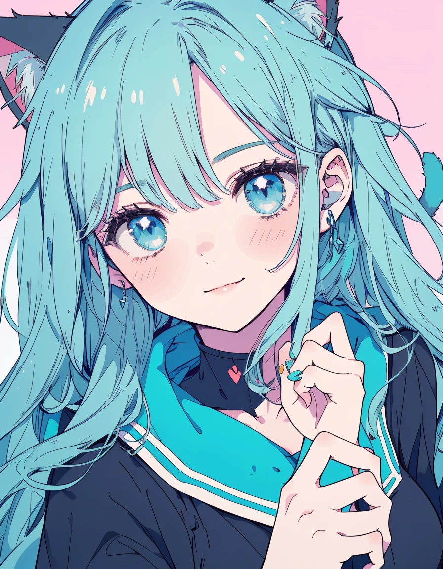 Japanese gal, smile, wink, one closed eye, ((masterpiece, best quality:1.5)), ((Beautiful detailed cat aqua eyes:1.2)), cat ears, pale skin, medium breasts, beautiful hands, beautiful fingers, EasyNegative